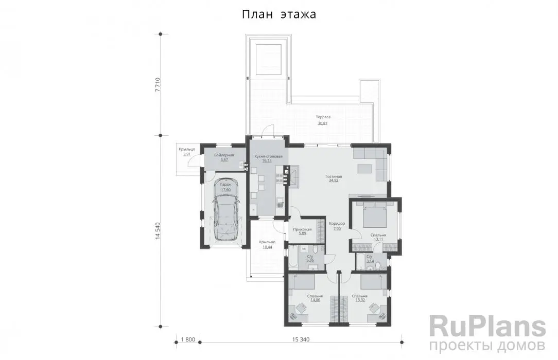 Проект одноэтажного дома 135 м², 15,3 × 14,5 м — Первый этаж