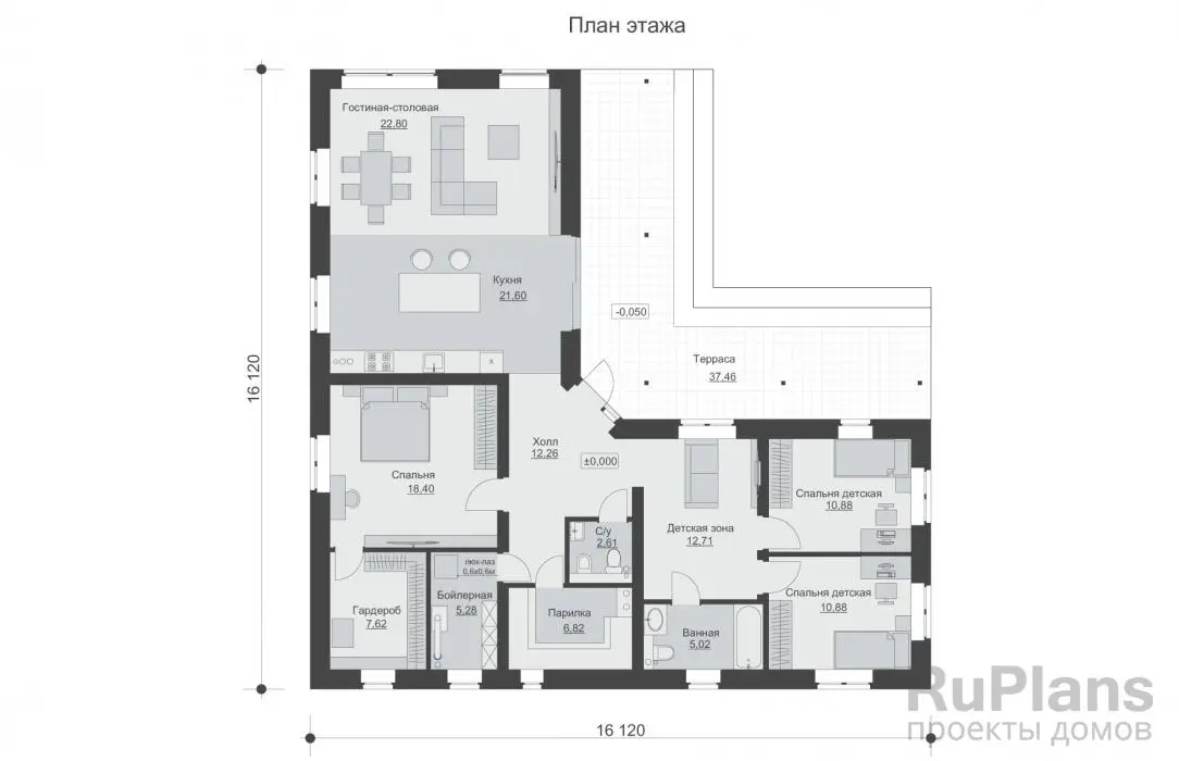Проект одноэтажного дома 137 м², 16,1 × 16,1 м — Первый этаж