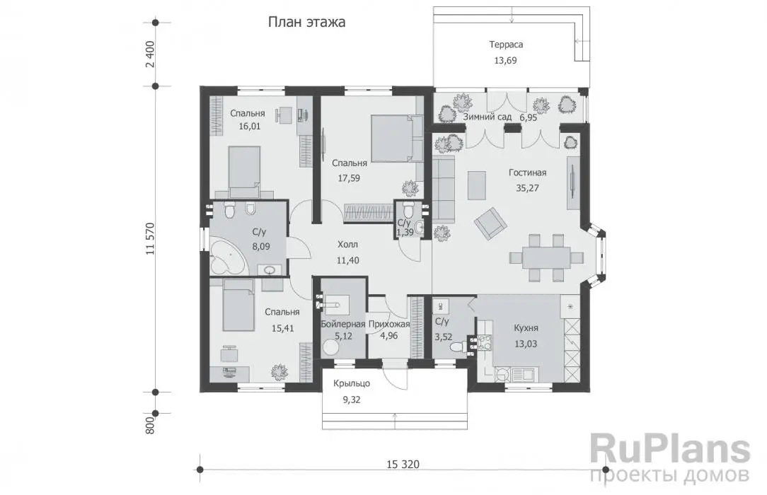 Проект одноэтажного дома 139 м², 15,3 × 11,6 м — Первый этаж
