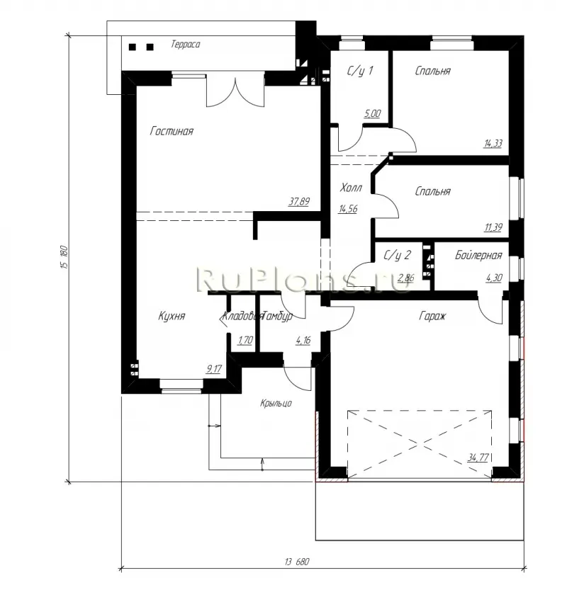 Проект одноэтажного дома 140 м², 13,7 × 15,2 м — Первый этаж