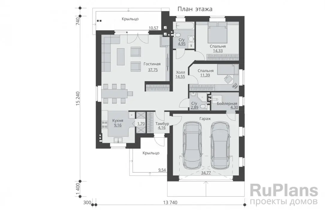 Проект одноэтажного дома 140 м², 15,2 × 13,7 м — Первый этаж