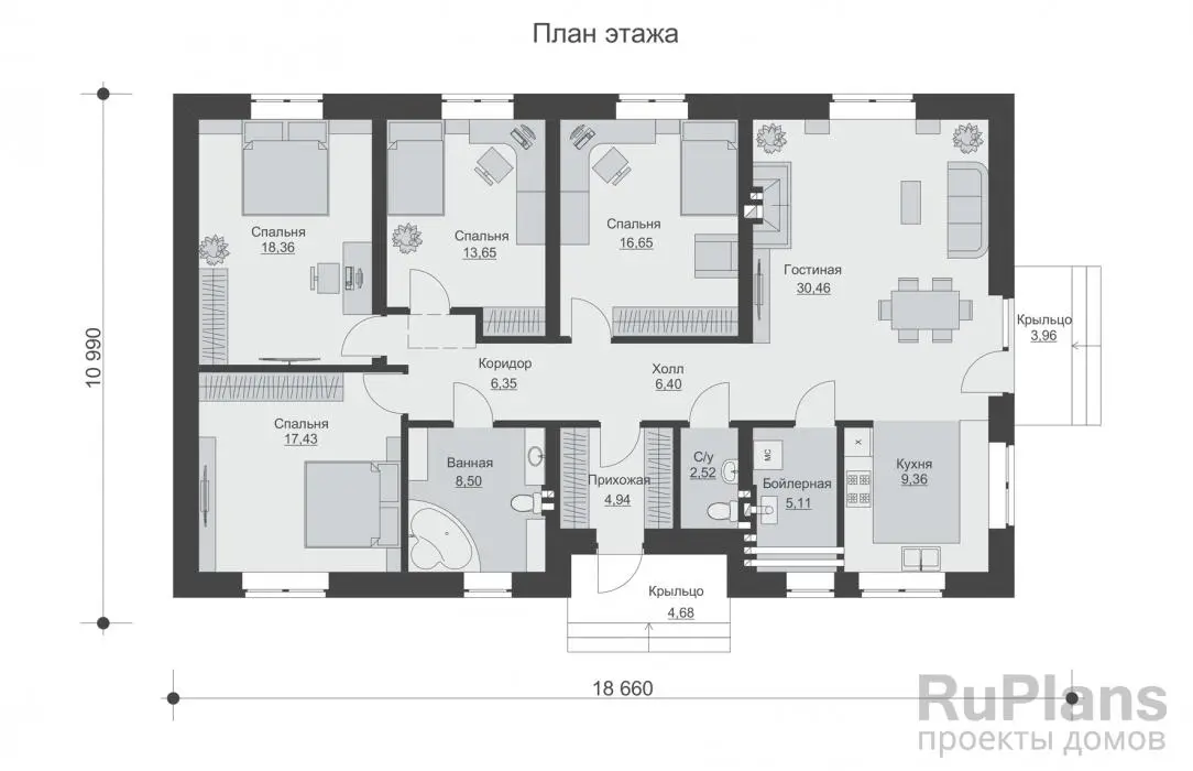 Проект одноэтажного дома 140 м², 18,7 × 10 м — Первый этаж