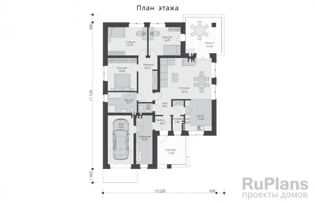 Проект одноэтажного дома 140 м², 13,2 × 17,1 м — Первый этаж