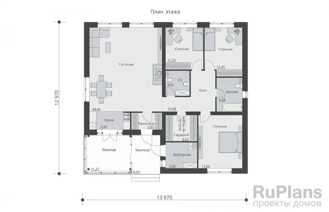 Проект одноэтажного дома 140 м², 12 × 13 м — Первый этаж