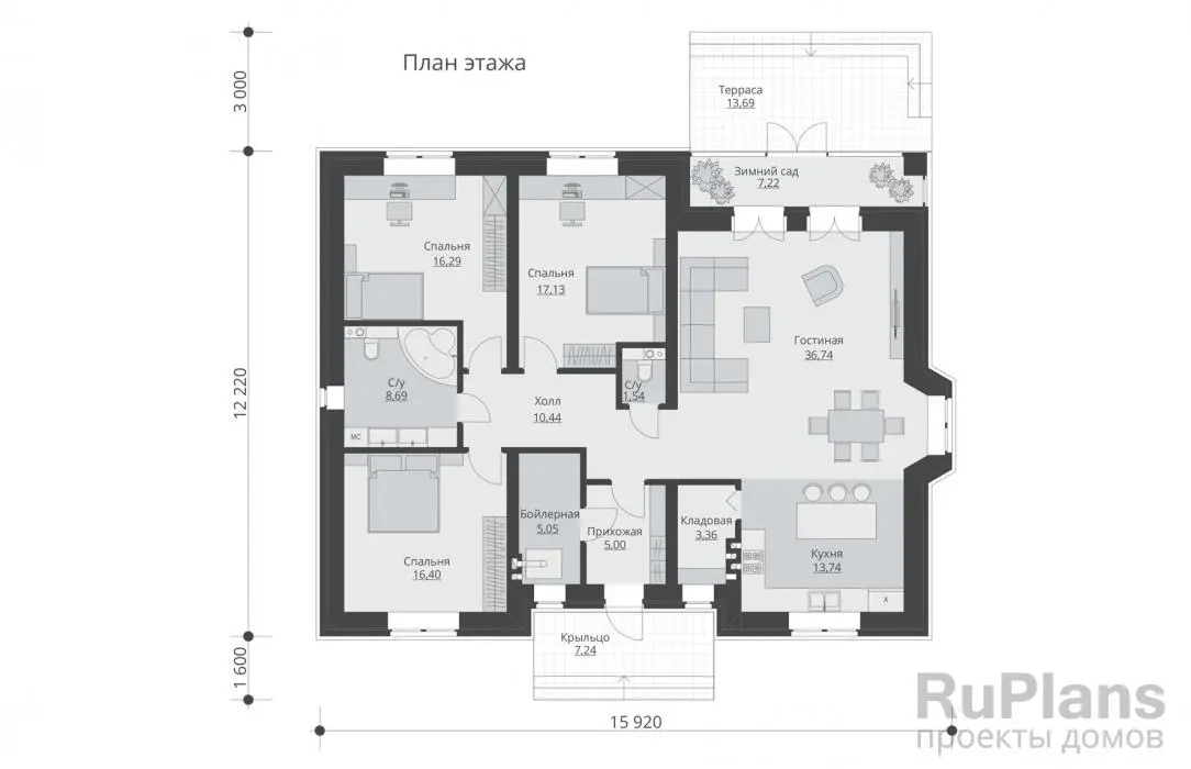 Проект одноэтажного дома 142 м², 16,8 × 15,9 м — Первый этаж