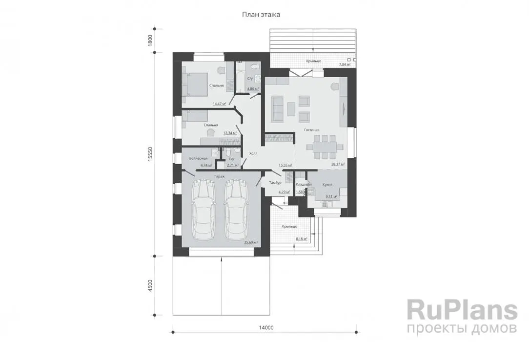 Проект одноэтажного дома 144 м², 14 × 15,6 м — Первый этаж