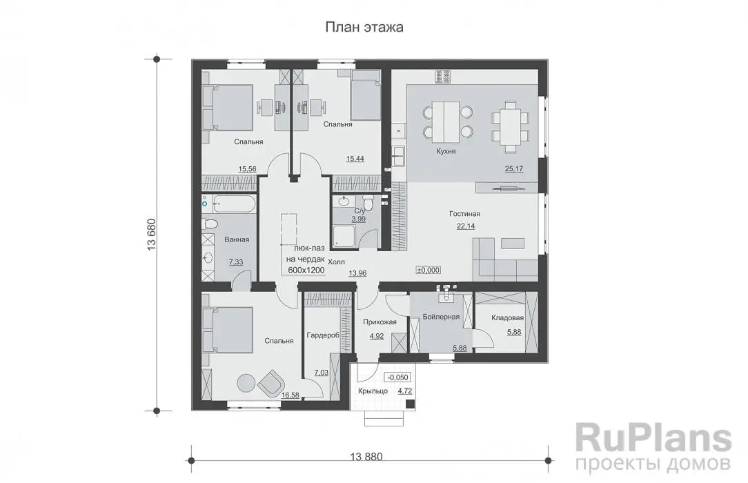 Проект одноэтажного дома 144 м², 13,7 × 13,9 м — Первый этаж