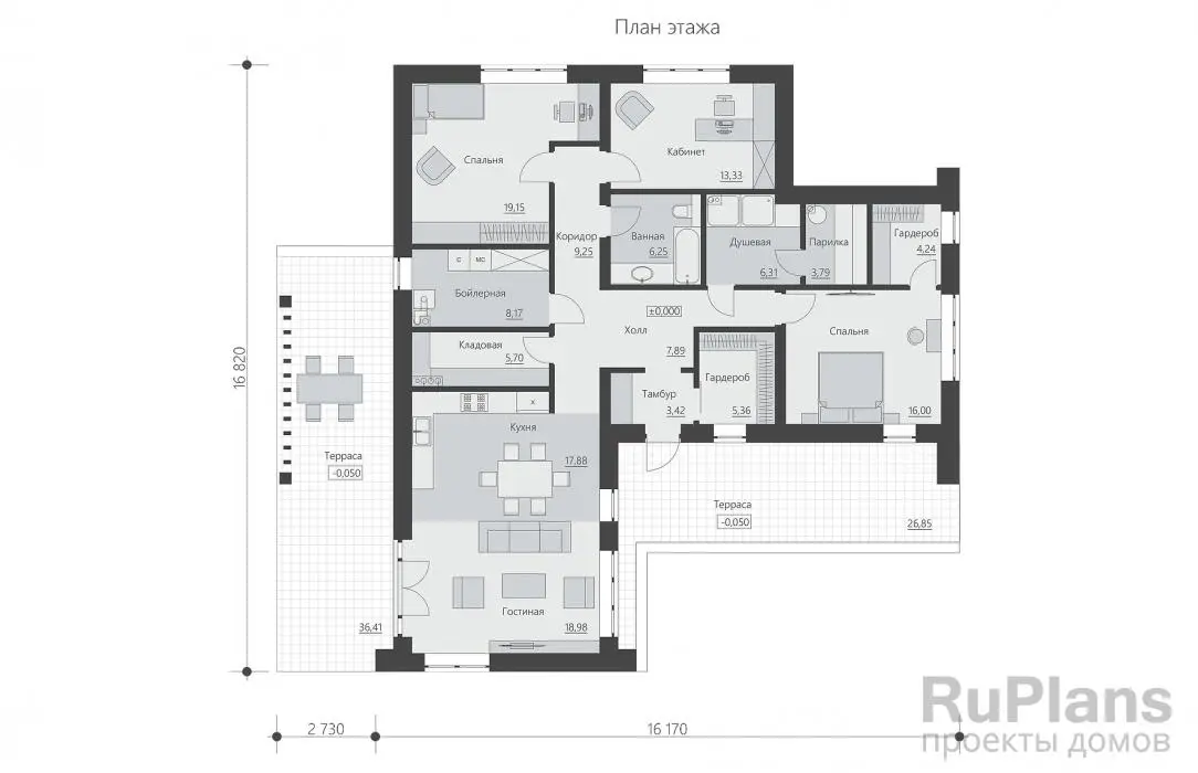 Проект одноэтажного дома 146 м², 16,8 × 18,9 м — Первый этаж