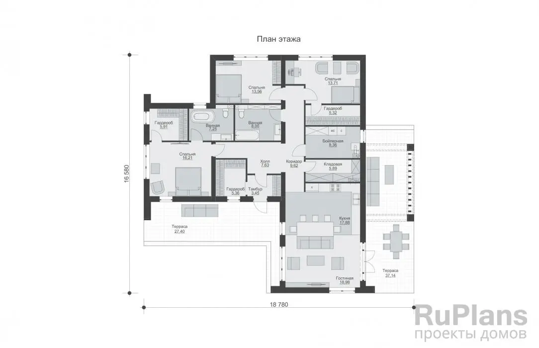 Проект одноэтажного дома 147 м², 16,6 × 18,8 м — Первый этаж
