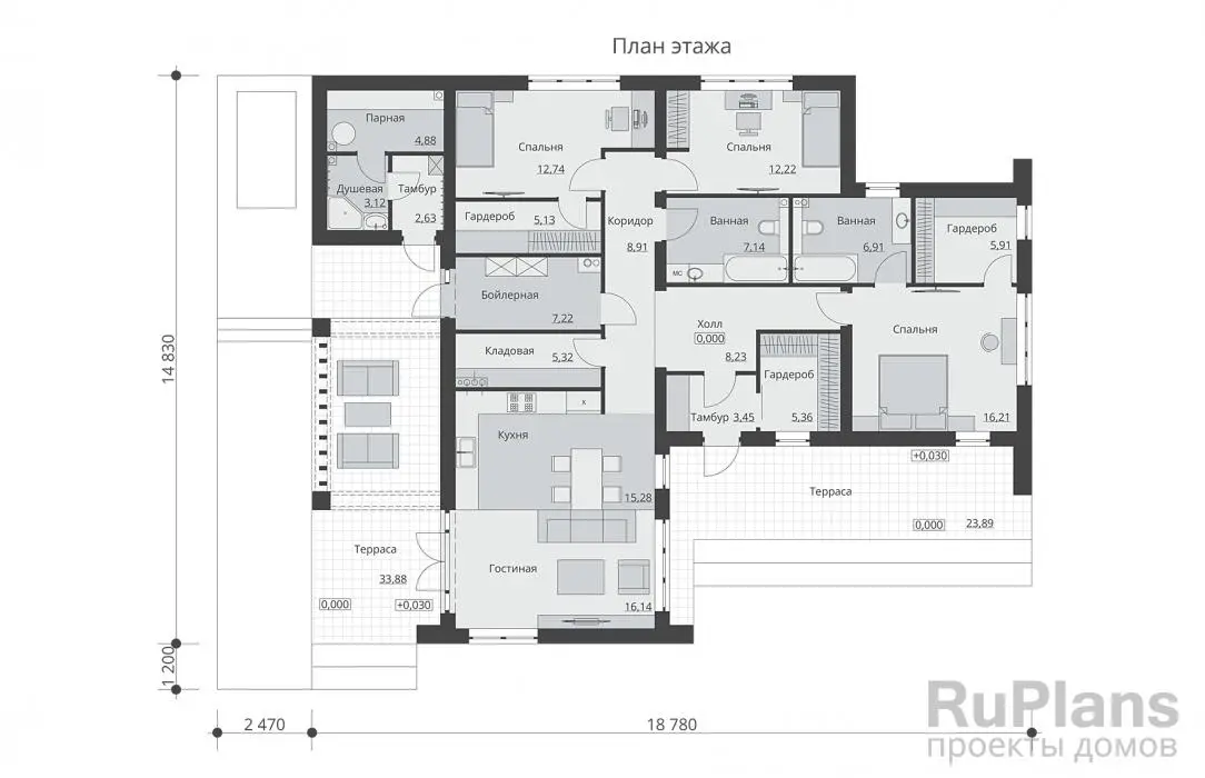 Проект одноэтажного дома 147 м², 14,8 × 18,8 м — Первый этаж