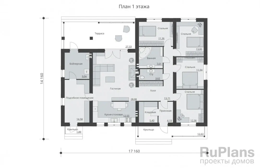 Проект одноэтажного дома 148 м², 14,2 × 17,2 м — Первый этаж
