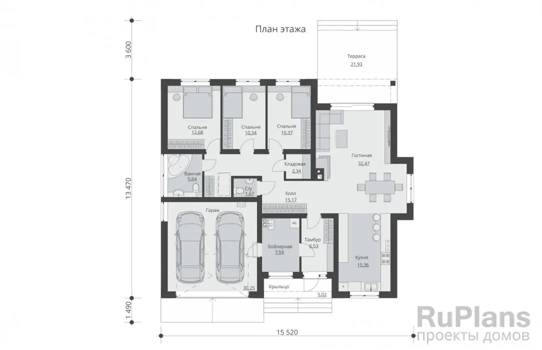 Проект одноэтажного дома 150 м², 13,5 × 15,5 м — Первый этаж
