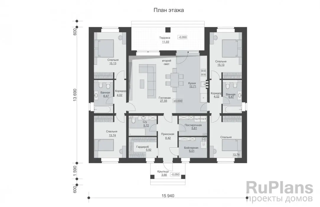 Проект одноэтажного дома 151 м², 15,3 × 15,9 м — Первый этаж