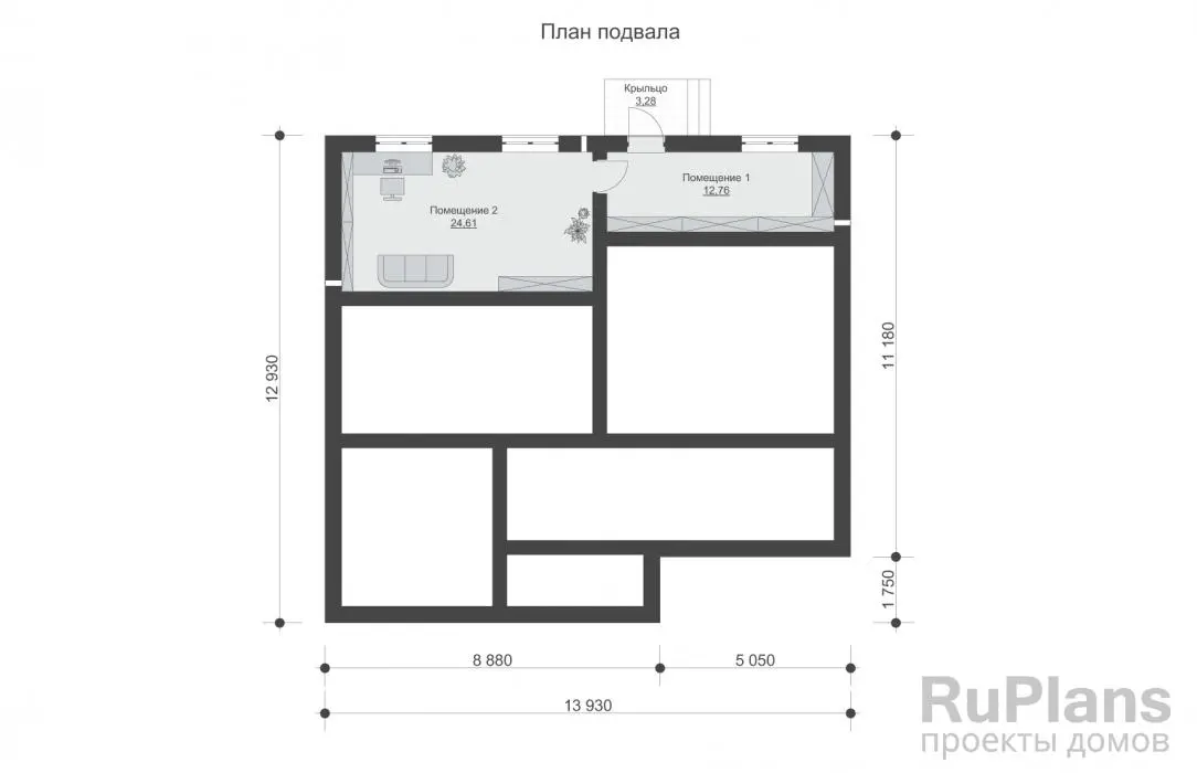 Проект одноэтажного дома 152 м², 12,9 × 15,1 м — Цокольный этаж