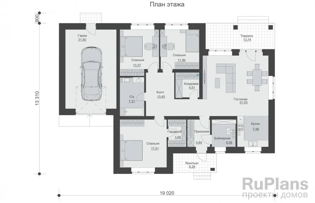 Проект одноэтажного дома 152 м², 17,9 × 12,2 м — Первый этаж