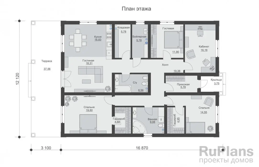 Проект одноэтажного дома 160 м², 12,1 × 19 м — Первый этаж