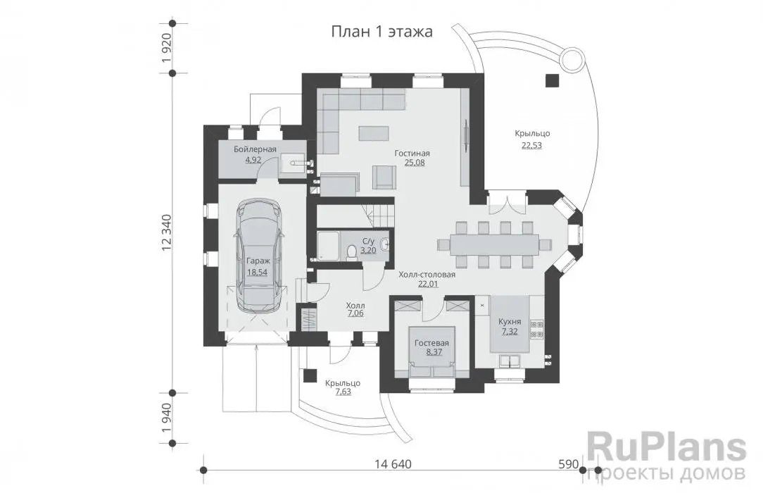 Проект одноэтажного дома 161 м², 12,3 × 14,6 м — Первый этаж