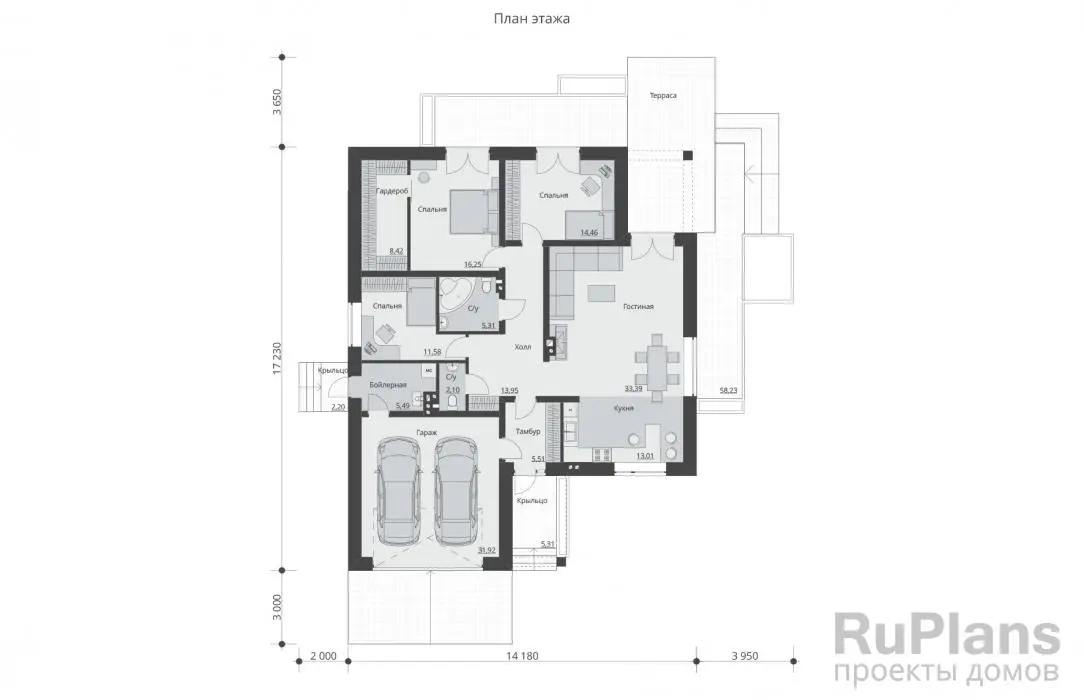 Проект одноэтажного дома 161 м², 20,1 × 23,9 м — Первый этаж