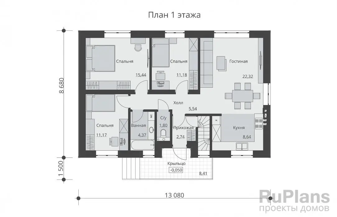 Проект одноэтажного дома 165 м², 10,2 × 13,1 м — Первый этаж