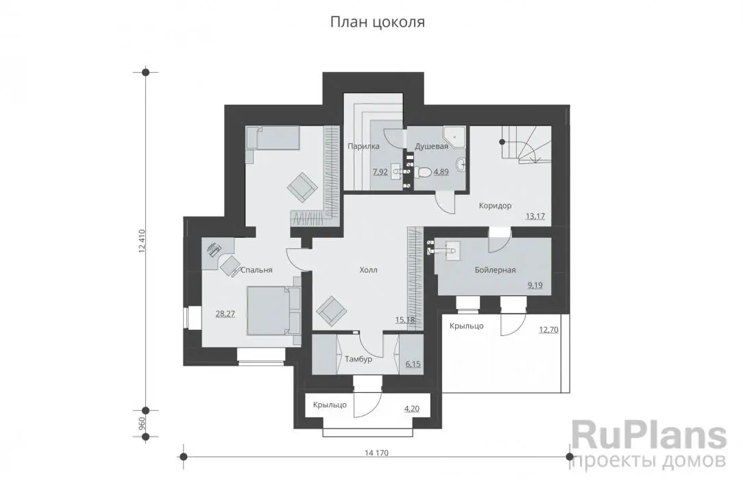 Проект одноэтажного дома 168 м², 14,2 × 12,4 м — Цокольный этаж