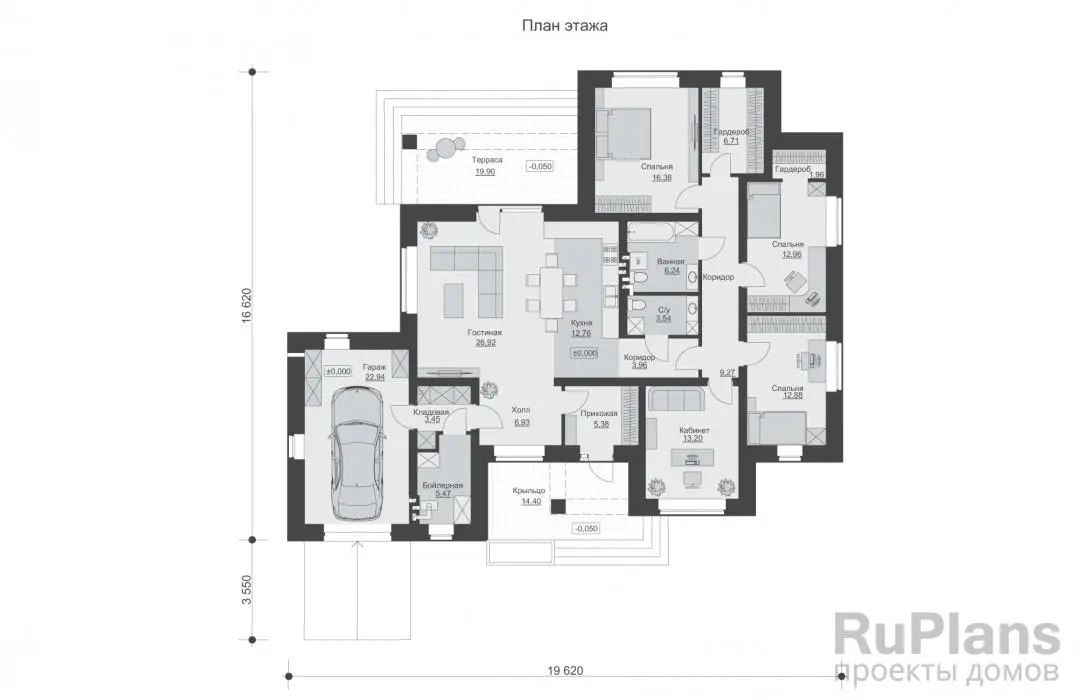 Проект одноэтажного дома 171 м², 16,6 × 19,6 м — Первый этаж