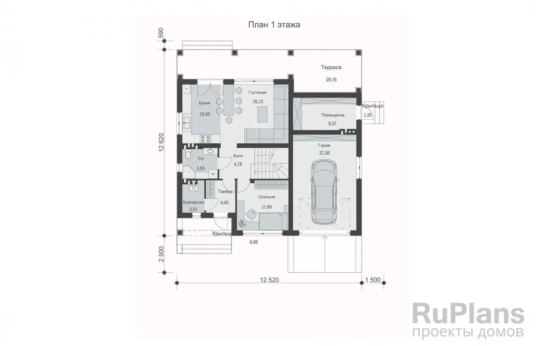 Проект одноэтажного дома 173 м², 12,6 × 12,5 м — Первый этаж