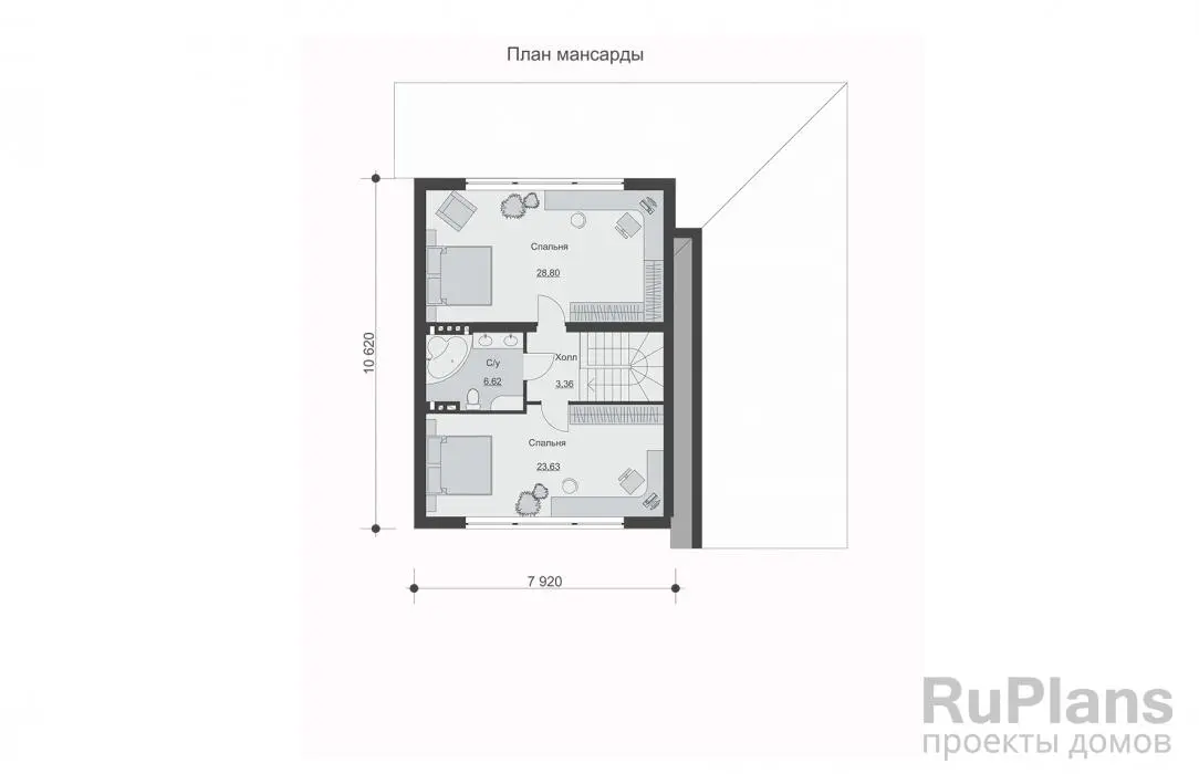 Проект одноэтажного дома 173 м², 12,6 × 12,5 м — Мансарда