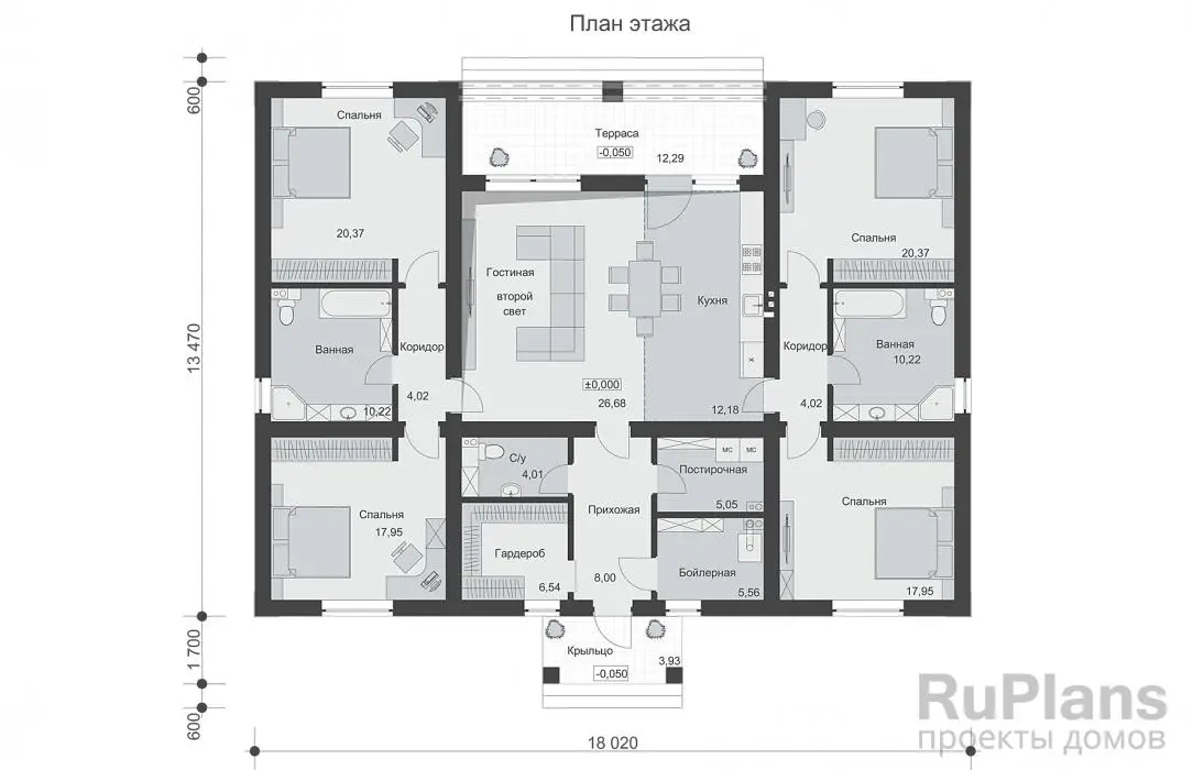 Проект одноэтажного дома 173 м², 13,5 × 18 м — Первый этаж
