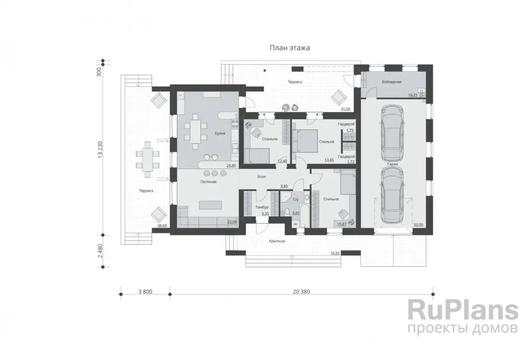 Проект одноэтажного дома 176 м², 24,2 × 16 м — Первый этаж