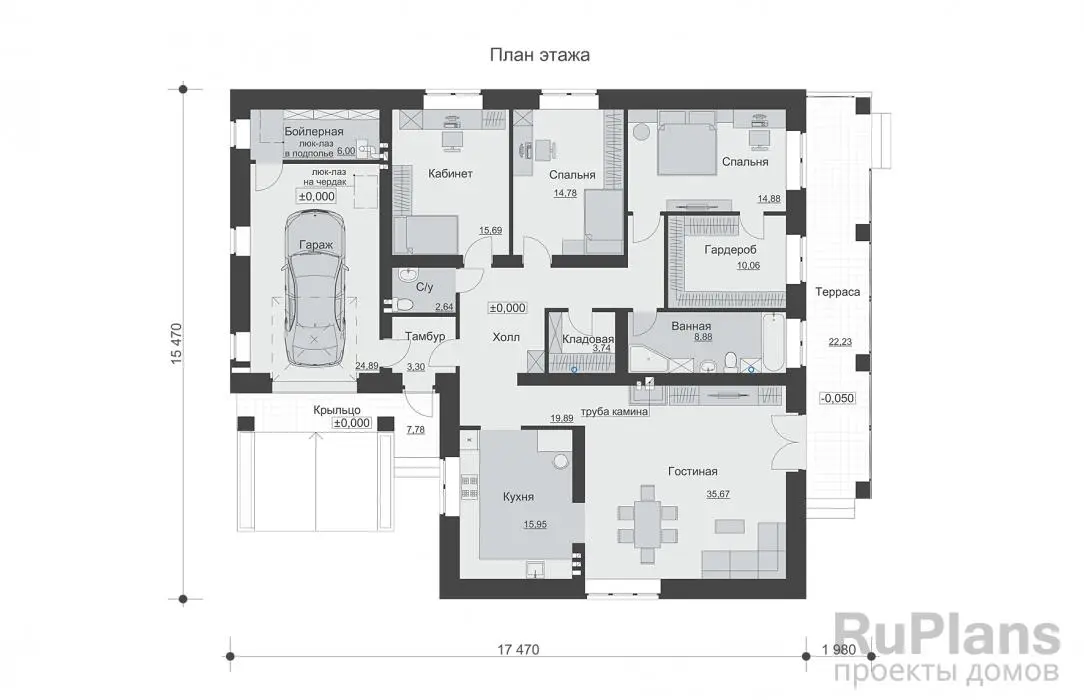 Проект одноэтажного дома 176 м², 15,5 × 19,4 м — Первый этаж