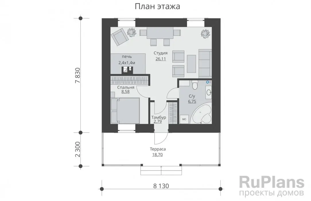 Проект одноэтажного дома 44 м², 10,1 × 8,1 м — Первый этаж