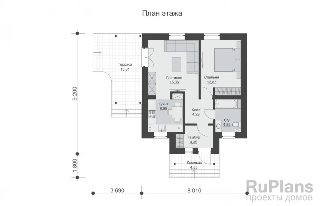 Проект одноэтажного дома 50 м², 9,2 × 8 м — Первый этаж