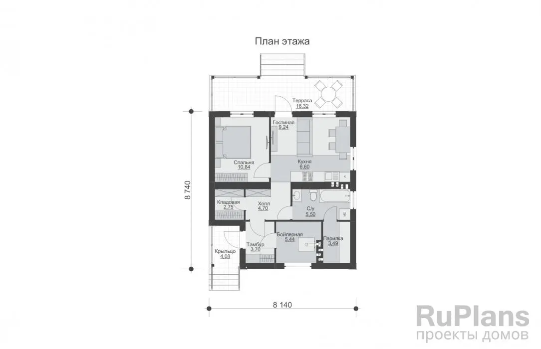 Проект одноэтажного дома 52 м², 8,1 × 10,7 м — Первый этаж