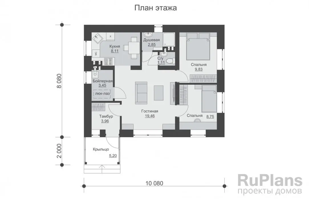 Проект одноэтажного дома 58 м², 10,1 × 10,1 м — Первый этаж