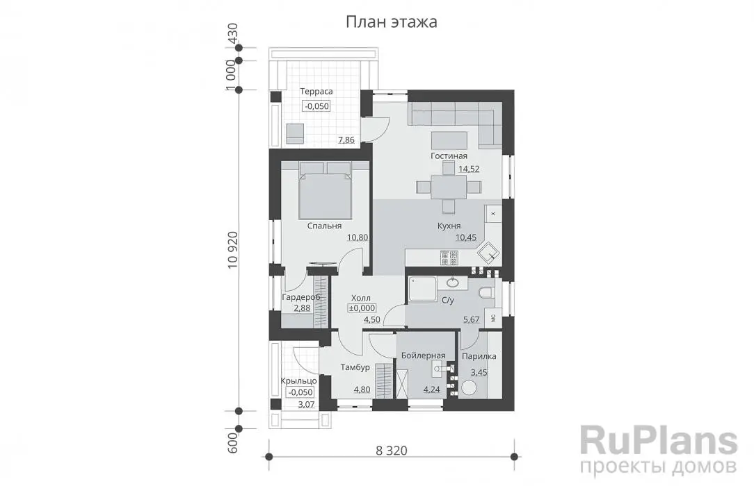 Проект одноэтажного дома 61 м², 10,9 × 8,3 м — Первый этаж