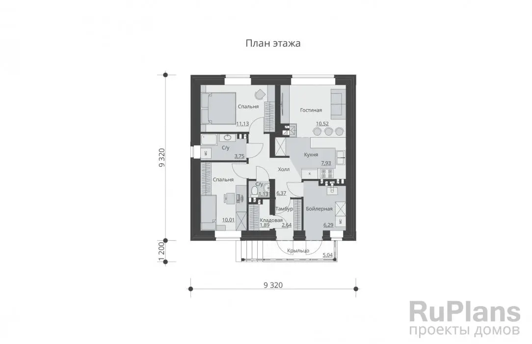 Проект одноэтажного дома 62 м², 9,3 × 9,3 м — Первый этаж
