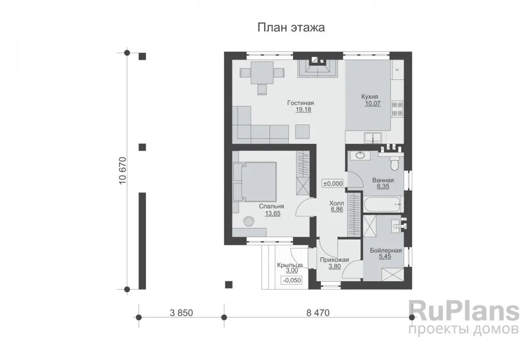 Проект одноэтажного дома 65 м², 10,7 × 12,3 м — Первый этаж