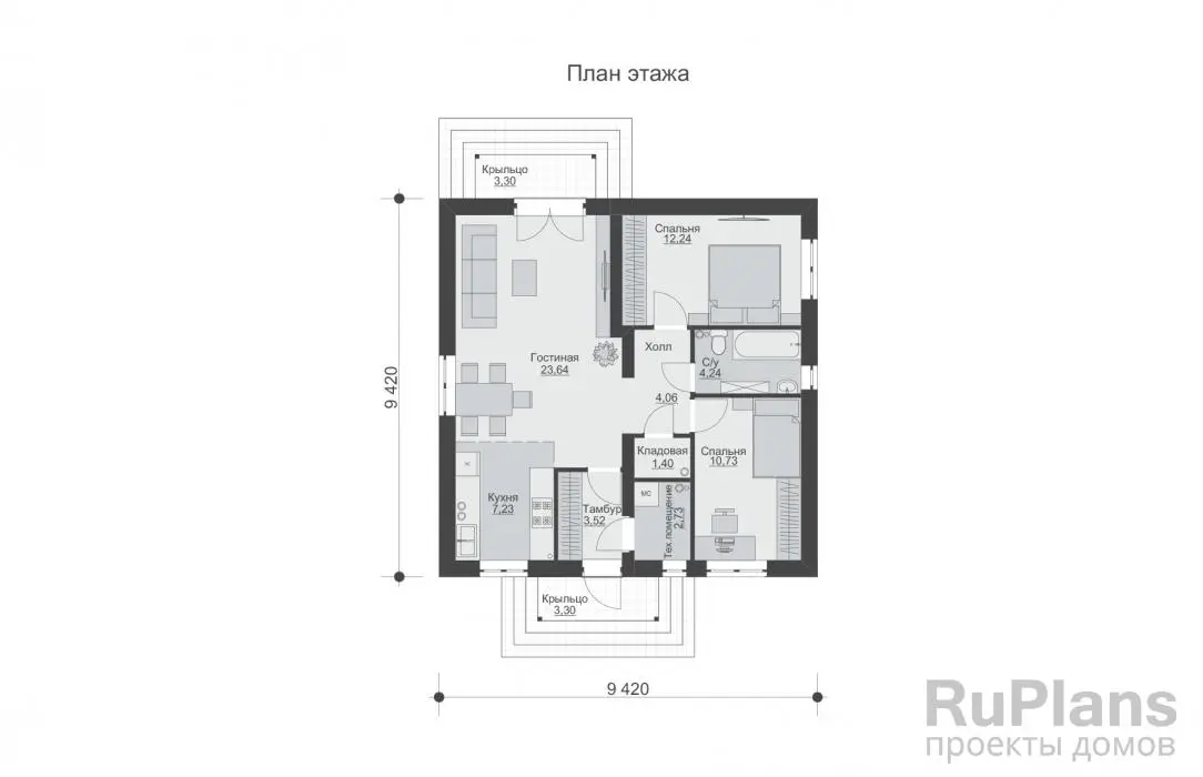 Проект одноэтажного дома 70 м², 9,4 × 9,4 м — Первый этаж