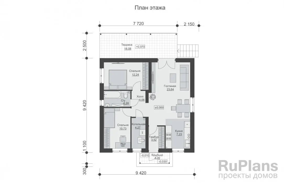 Проект одноэтажного дома 70 м², 11,9 × 9,4 м — Первый этаж