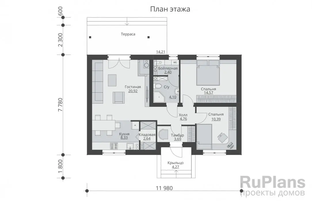 Проект одноэтажного дома 72 м², 7,8 × 11 м — Первый этаж