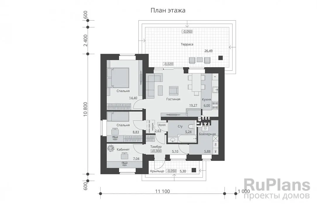 Проект одноэтажного дома 74 м², 10,8 × 11,1 м — Первый этаж