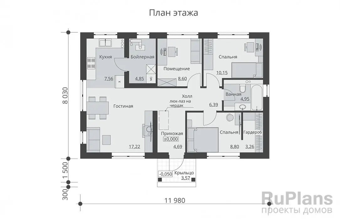 Проект одноэтажного дома 76 м², 9,5 × 11 м — Первый этаж