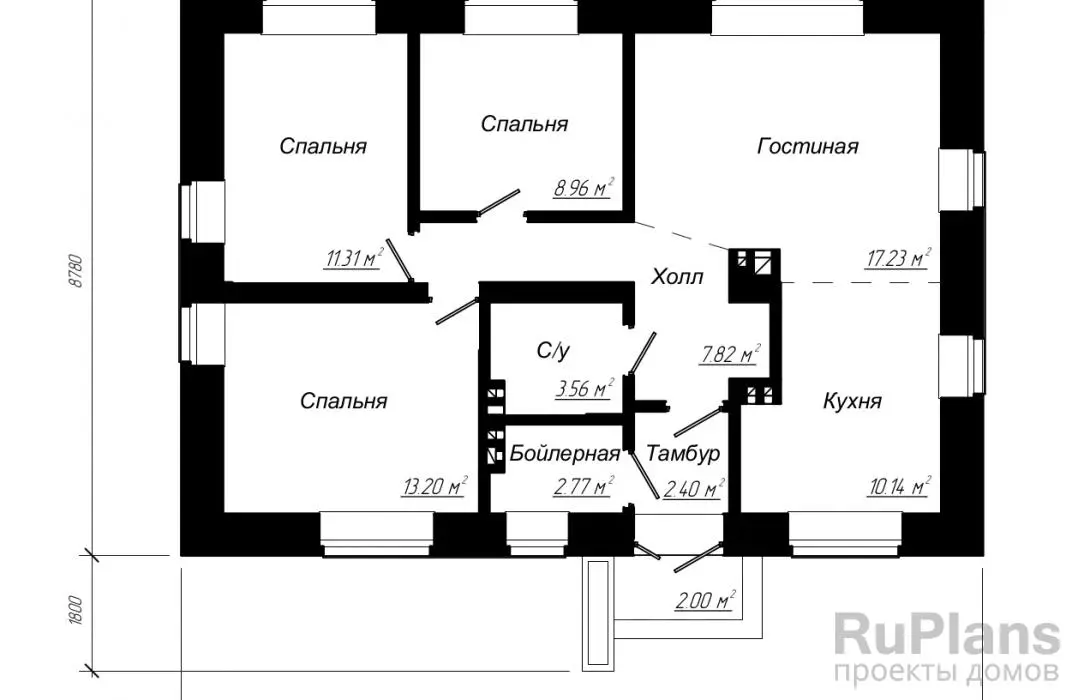 Проект одноэтажного дома 77 м², 12,5 × 8,8 м — Первый этаж