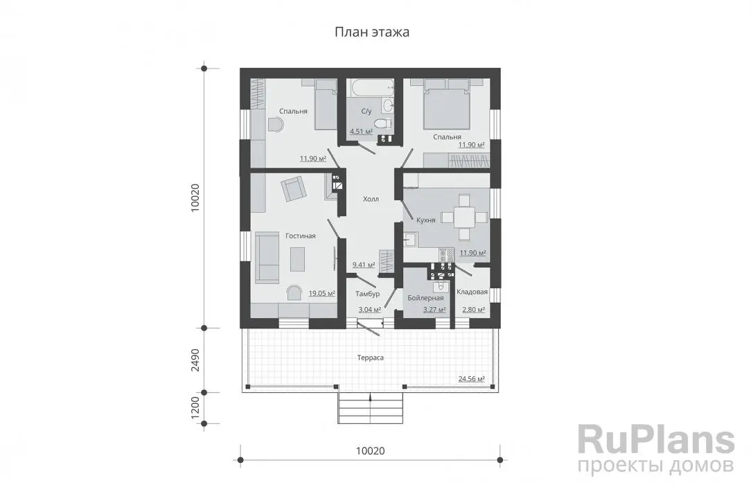 Проект одноэтажного дома 78 м², 10 × 12,5 м — Первый этаж