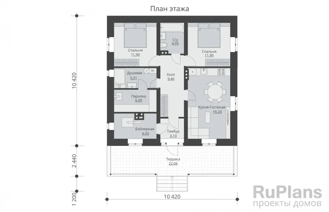 Проект одноэтажного дома 78 м², 14,1 × 10,4 м — Первый этаж