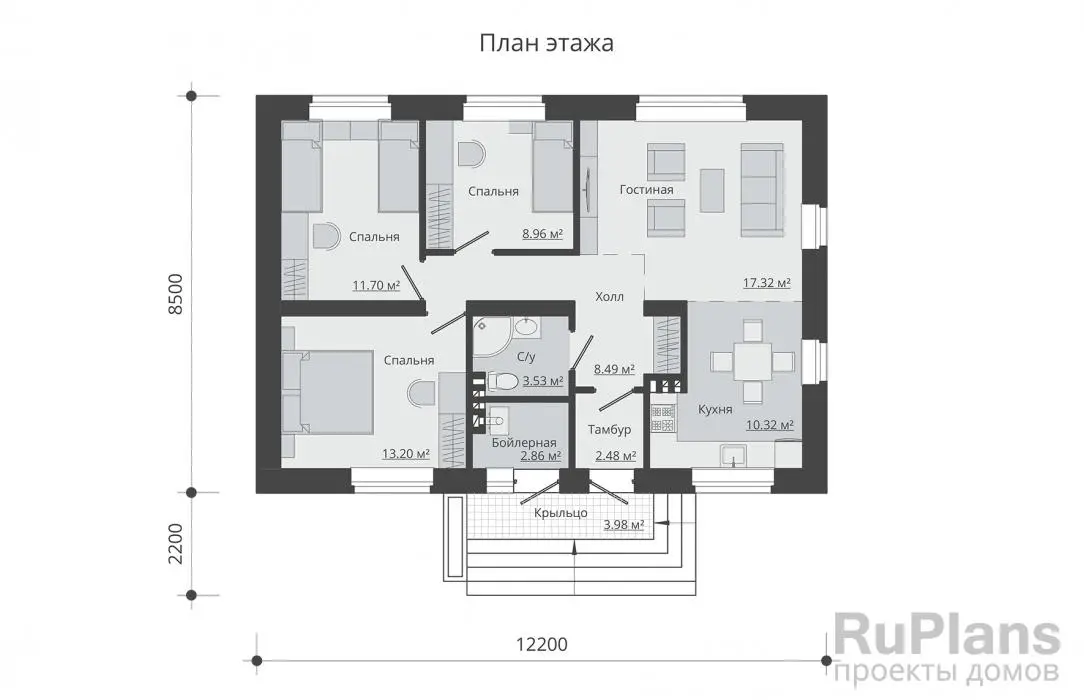 Проект одноэтажного дома 79 м², 12,2 × 8,5 м — Первый этаж