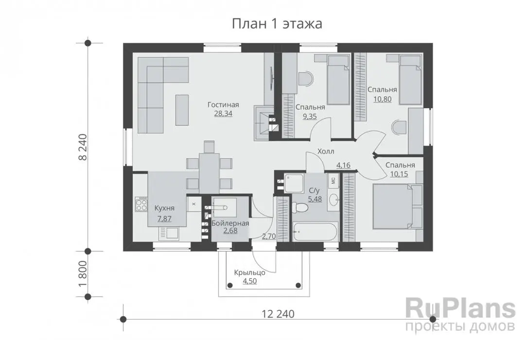 Проект одноэтажного дома 81 м², 8,2 × 12,2 м — Первый этаж