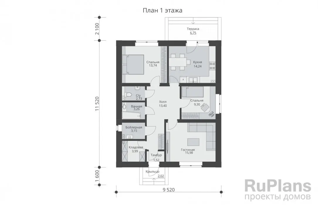 Проект одноэтажного дома 81 м², 11,5 × 9,5 м — Первый этаж
