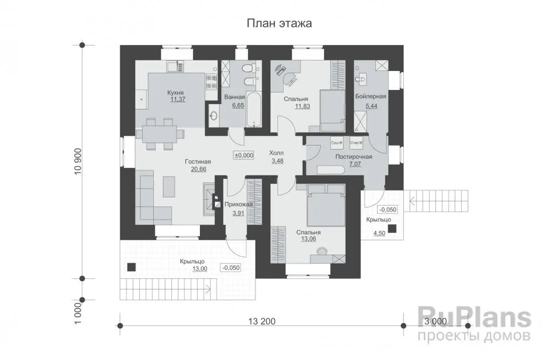 Проект одноэтажного дома 83 м², 11,9 × 16,2 м — Первый этаж