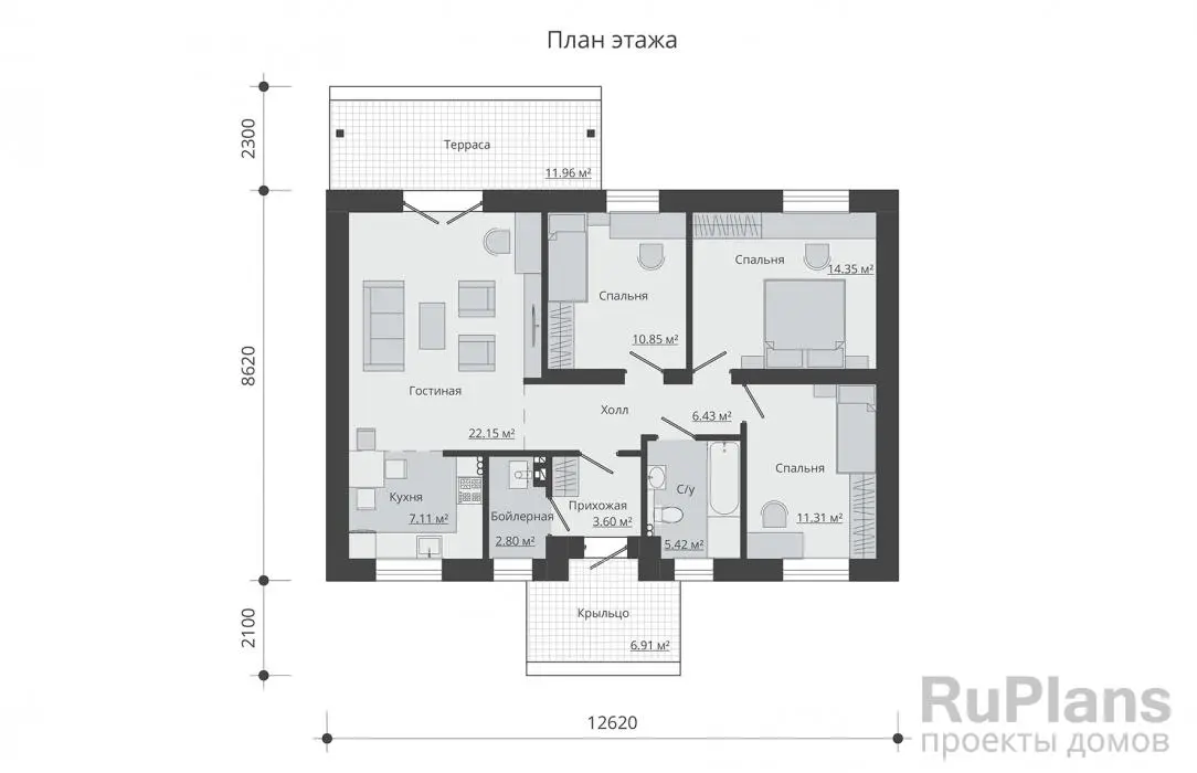 Проект одноэтажного дома 84 м², 8,6 × 12,6 м — Первый этаж